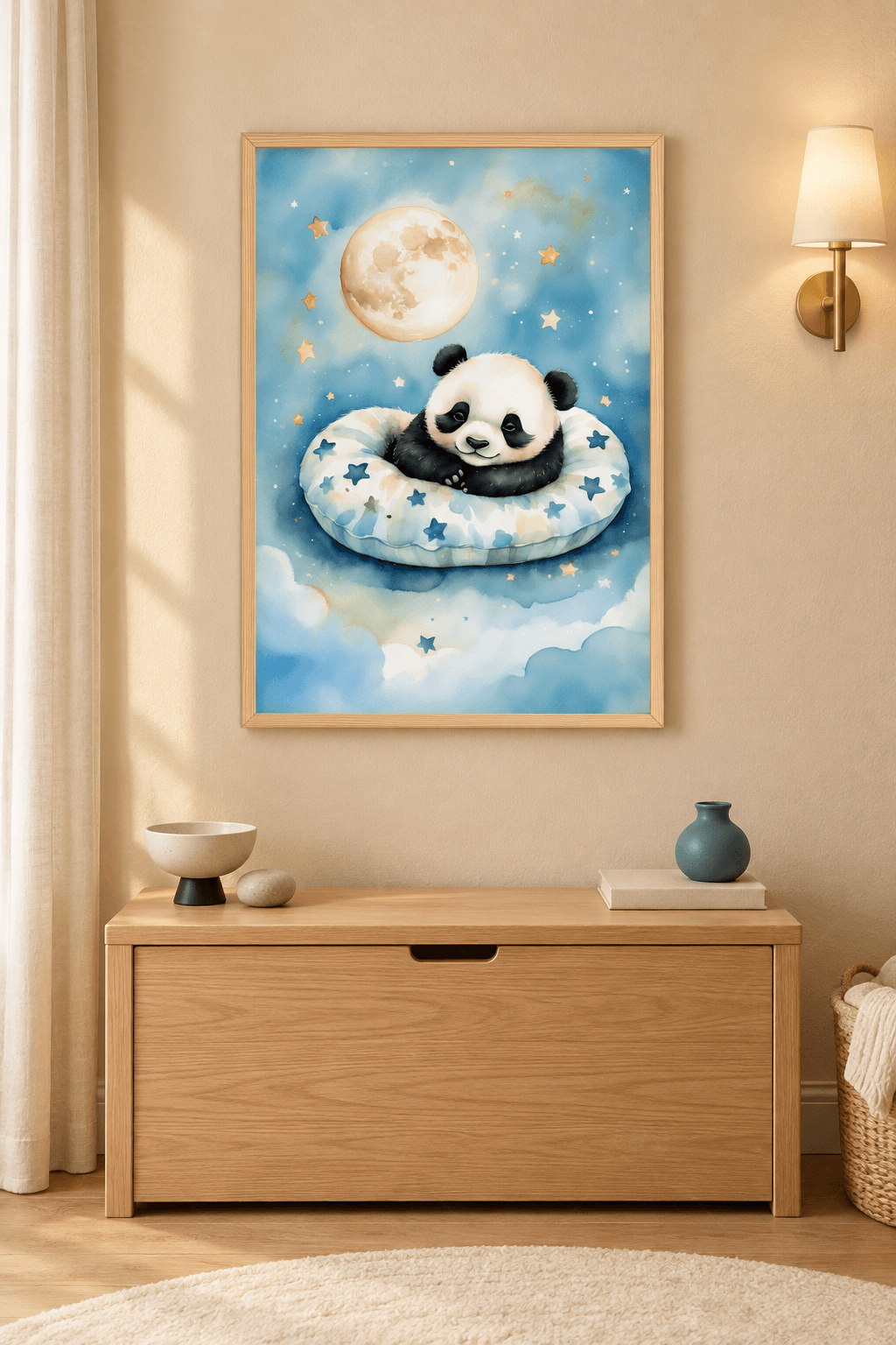 Ahşap çerçeveli panda tablosu — mavi gökte krem dolunay ve yıldız desenli yuvarlak yastıkta panda yavrusu