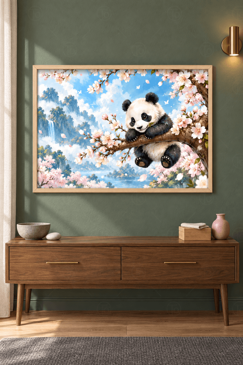 Ahşap çerçeveli panda tablosu — kiraz çiçekli dala sarılmış panda, arkada şelale ve mavi nehir