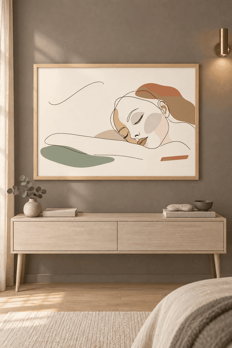 Ahşap çerçeveli line art tablosu — krem zeminde tek çizgiyle çizilmiş uyuyan kadın yüzü ve terakota saç