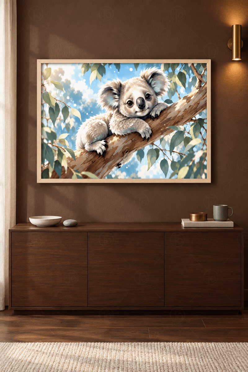 Ahşap çerçeveli koala tablosu — açık mavi gök altında okaliptüs dalına uzanmış gri koala ve yapraklar