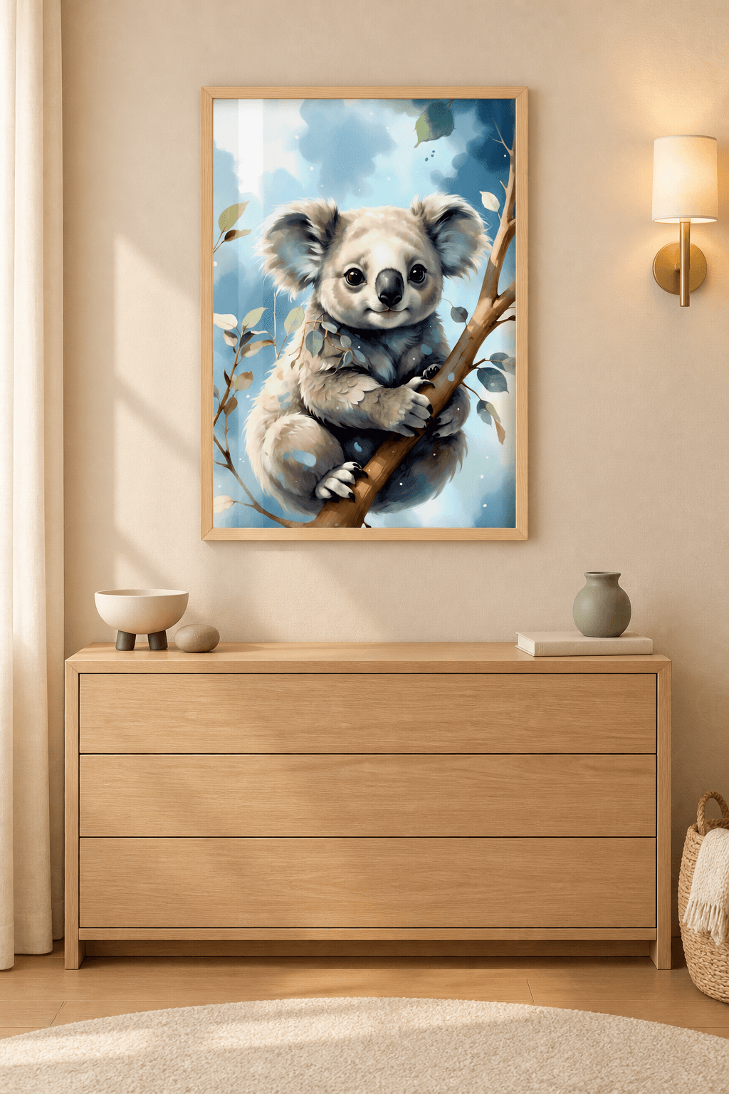 Ahşap çerçeveli koala tablosu — mavi gök önünde dala tutunan gri koala ve okaliptüs yaprakları