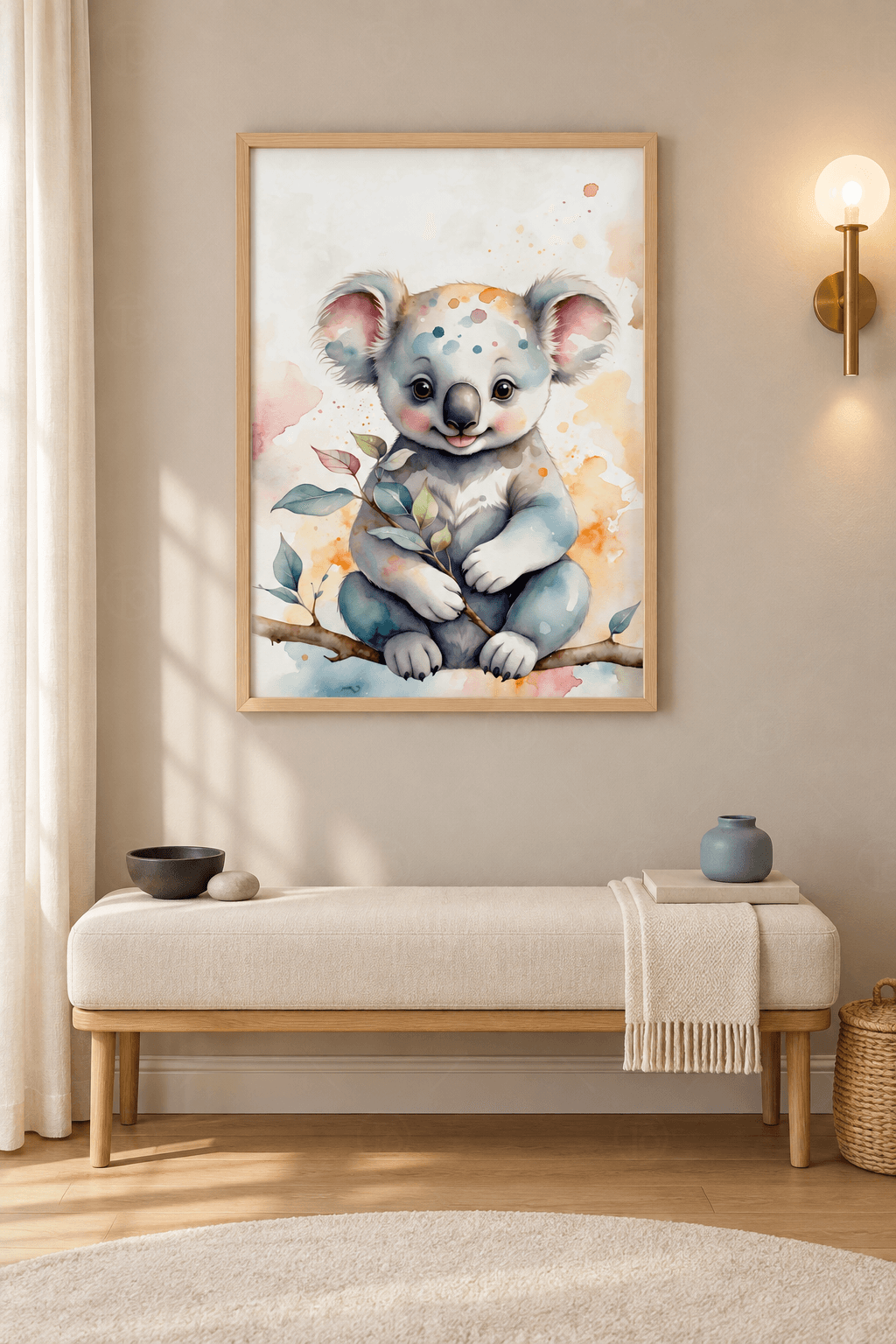 Ahşap çerçeveli koala tablosu — beyaz zeminde renkli lekeler arasında dalda oturan mavi gri koala