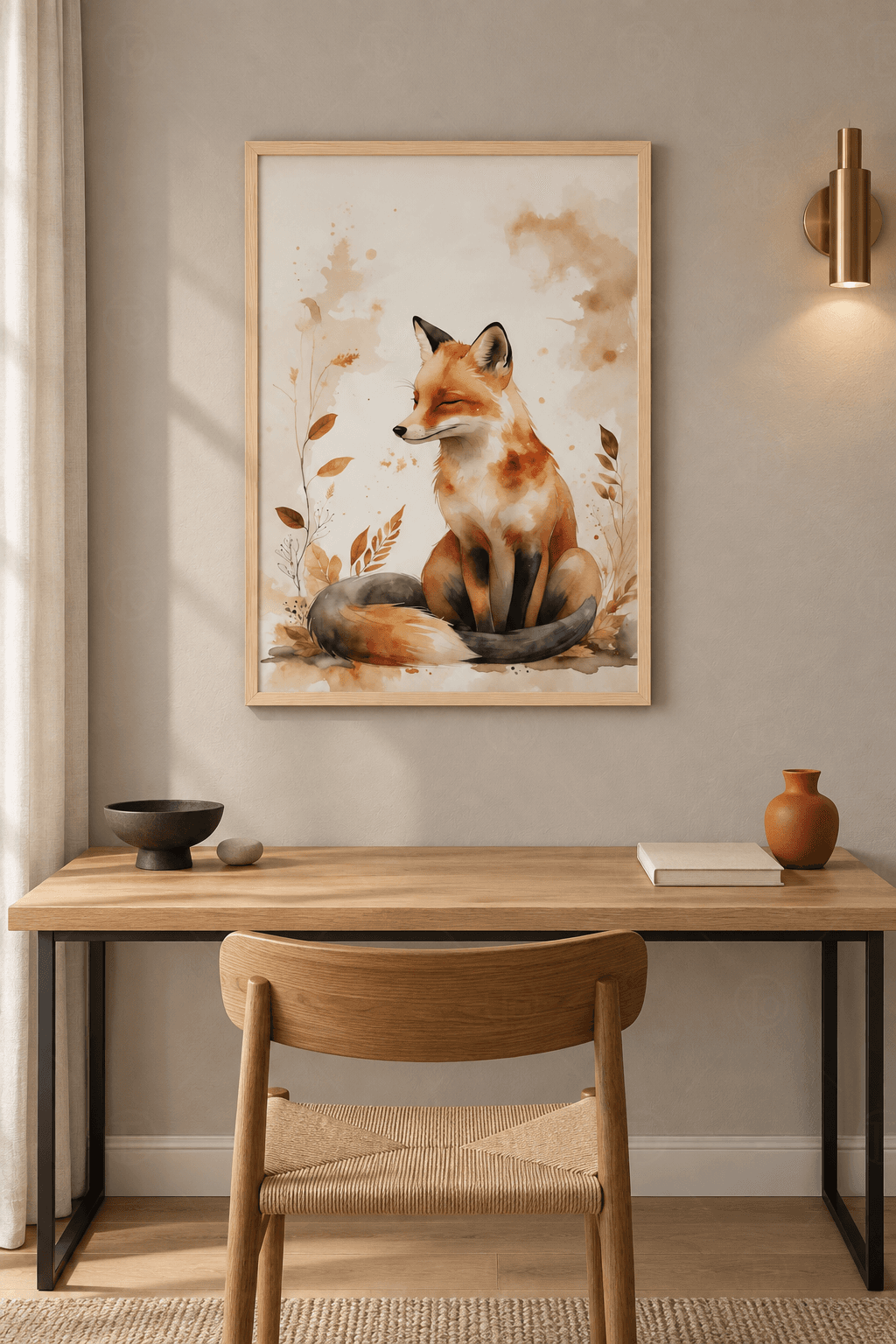 Ahşap çerçeveli tilki tablosu — krem zeminde gözleri kapalı oturan tilki ve altın sonbahar yaprakları