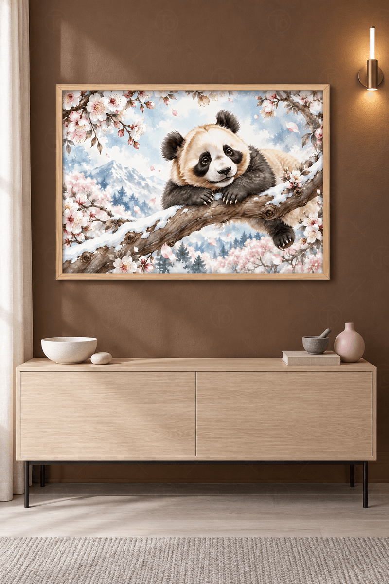 Ahşap çerçeveli panda tablosu — karla kaplı dalda uzanan panda, pembe kiraz çiçekleri ve karlı dağlar