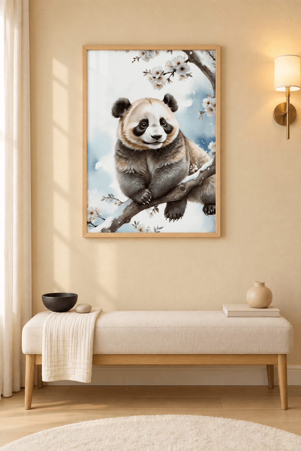 Ahşap çerçeveli panda tablosu — soluk mavi gökte karlı dalda oturan panda ve beyaz çiçekli dallar