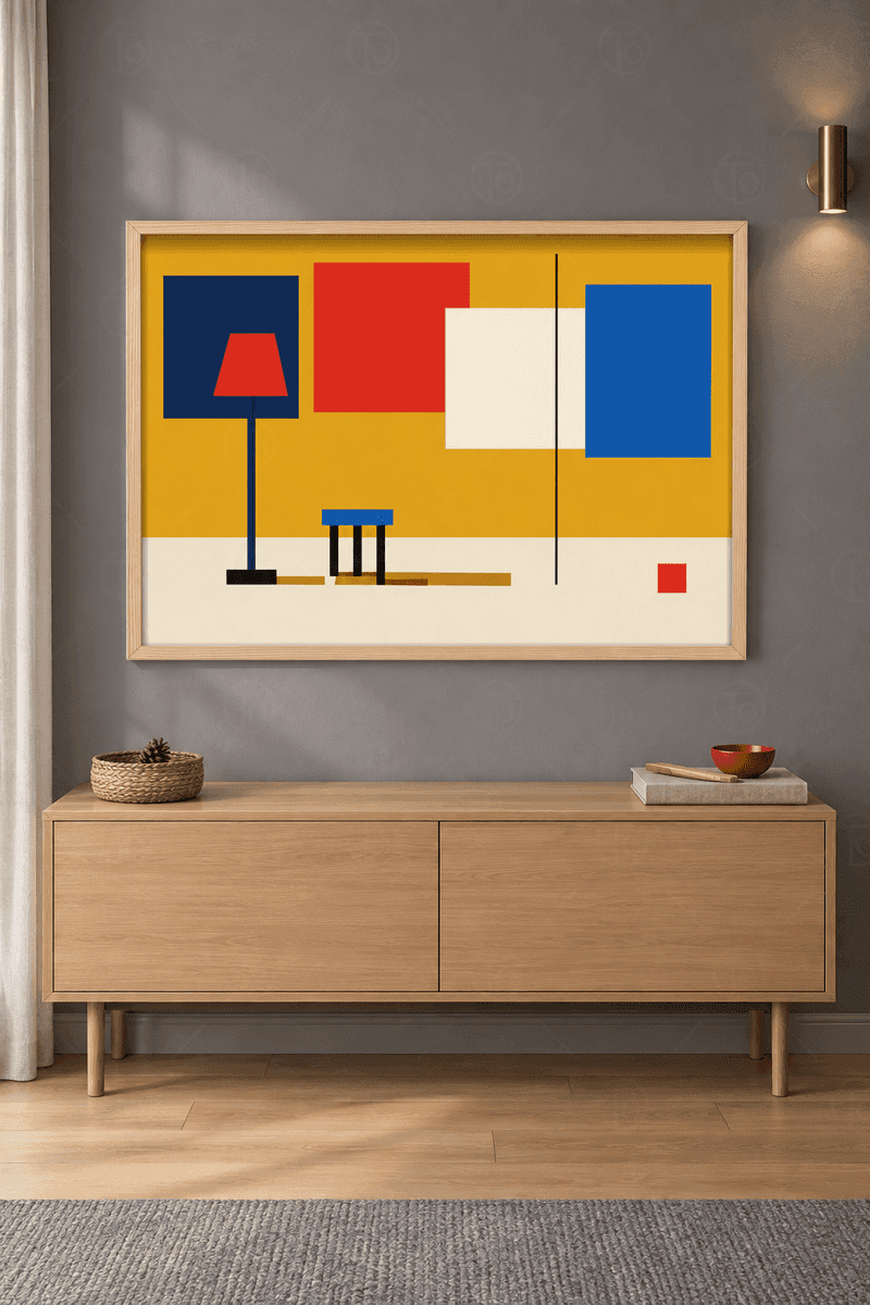 Ahşap çerçeveli bauhaus tablo — hardal duvarda renk blokları, kırmızı abajurlu lacivert lambader ve mavi tabure