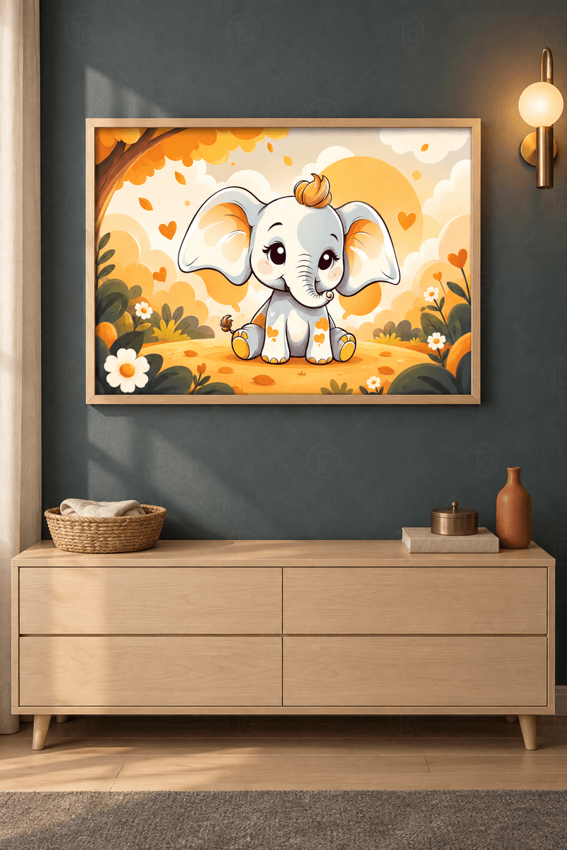 Ahşap çerçeveli fil tablosu — altın sarısı çayırda oturan turuncu perçemli fil yavrusu ve uçuşan kalpler