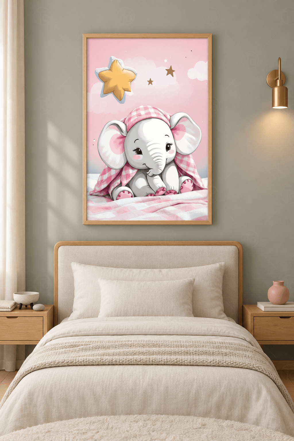 Ahşap çerçeveli fil tablosu — pembe gökte sarı yıldız ve pembe ekose battaniyeye sarınmış gri fil yavrusu