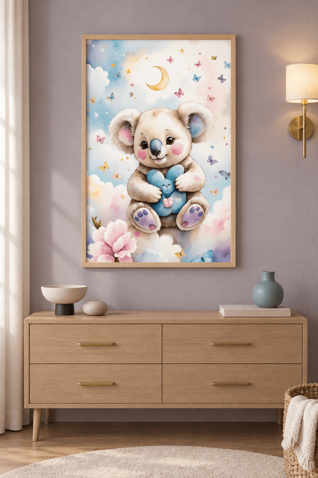 Ahşap çerçeveli koala tablosu — pastel bulutlar önünde mavi kalp yastığı tutan krem koala, hilal ve kelebekler