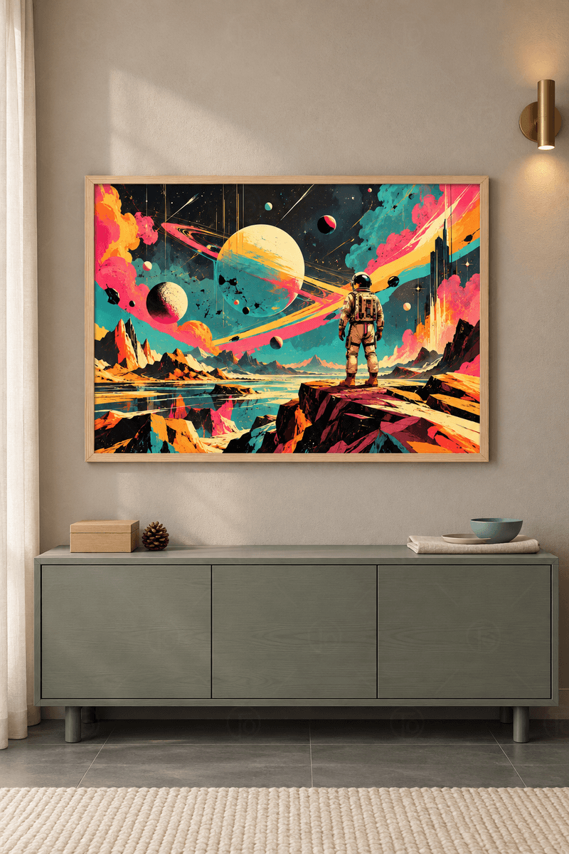 Ahşap çerçeveli astronot tablosu — kayalıkta sırtı dönük astronot, halkalı gezegen ve pembe nebula