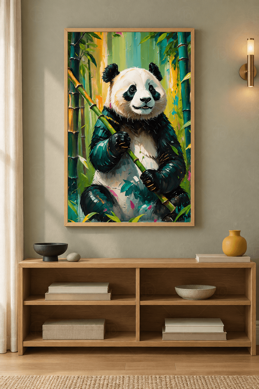 Ahşap çerçeveli panda tablosu — yeşil bambuların önünde dik bambu sapı tutan panda