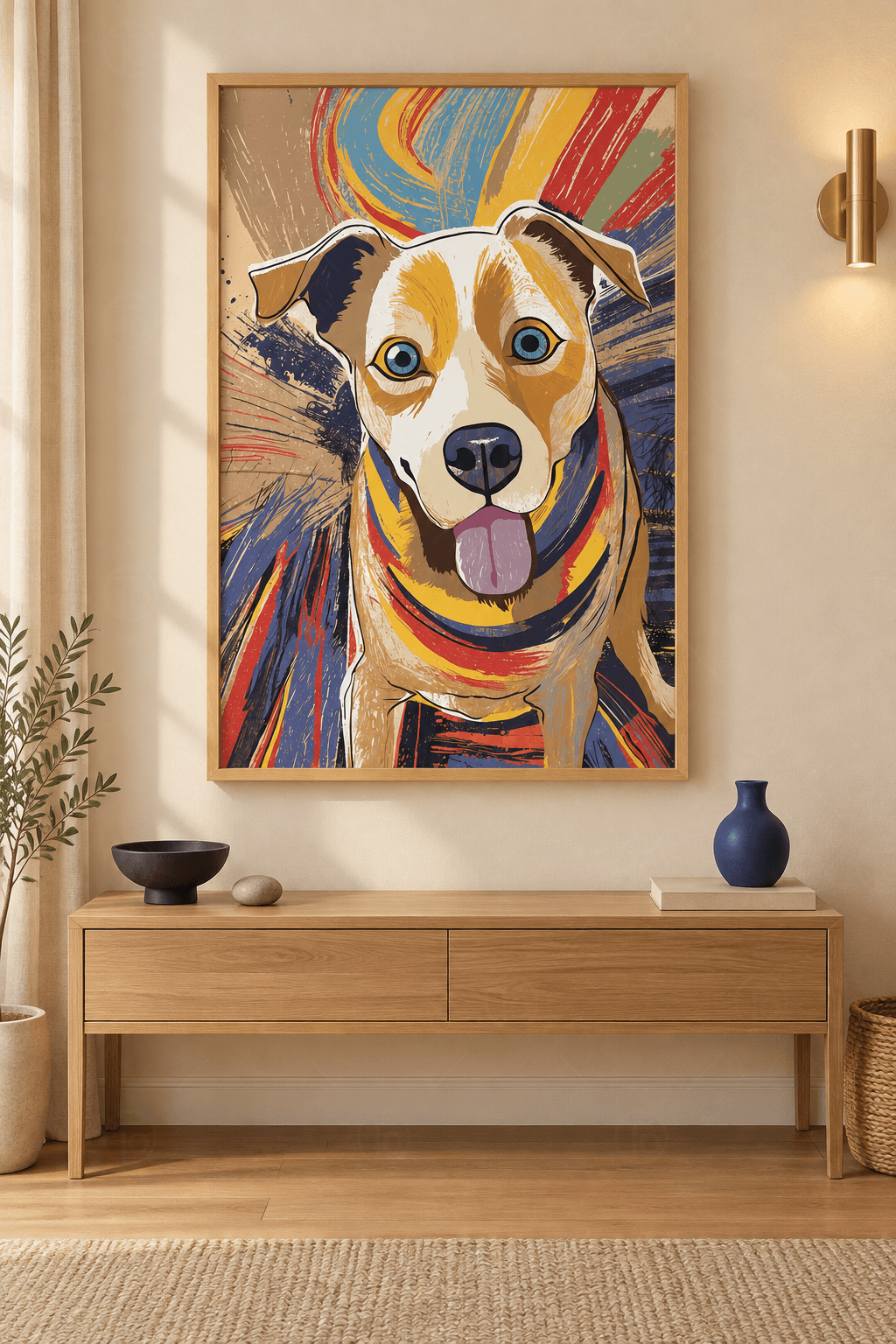 Ahşap çerçeveli köpek tablosu — hardal ve krem tonlu dili dışarıda köpek portresi ve renkli fırça darbeleri