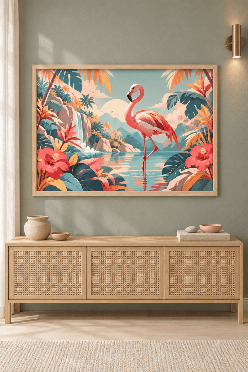 Ahşap çerçeveli flamingo tablosu — lagünde tek ayak üstünde flamingo, arkada şelale ve palmiyeler