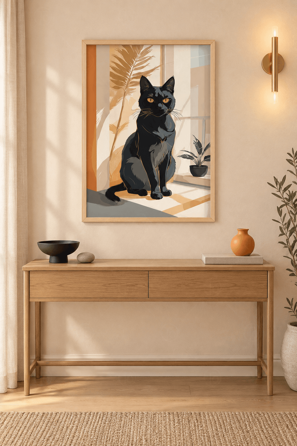 Ahşap çerçeveli kara kedi tablosu — güneşli kapı eşiğinde oturan kara kedi, kuru palmiye gölgesi ve saksı