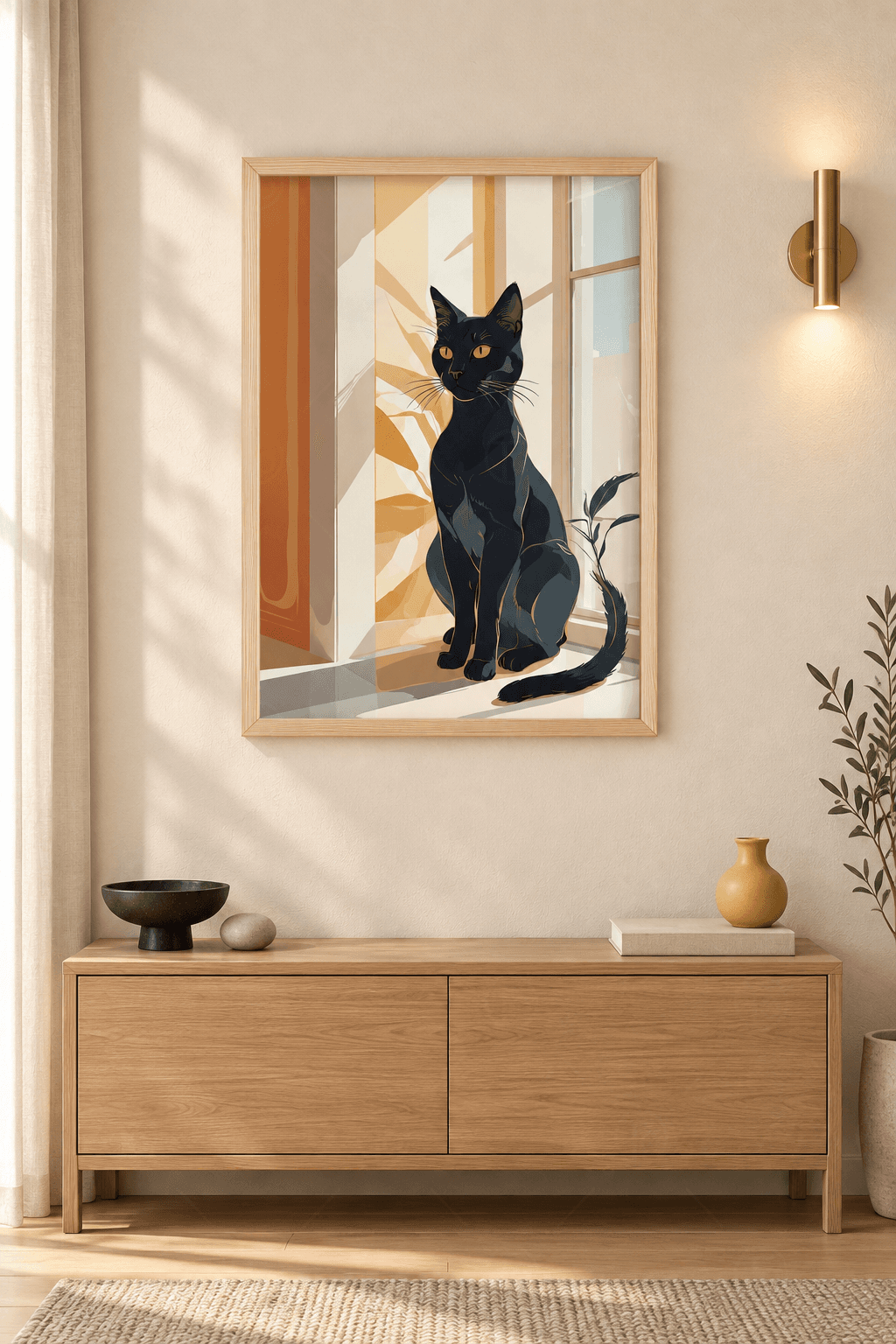 Ahşap çerçeveli kara kedi tablosu — pencere yanında dik oturan kedi, uzun kuyruk ve hardal yelpaze gölgeler